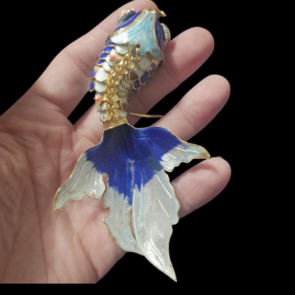 Blue Gold Cloisonne Ornament Figurine 4.5 Inch Beta Fish Design Movement - Picture 4 of 6